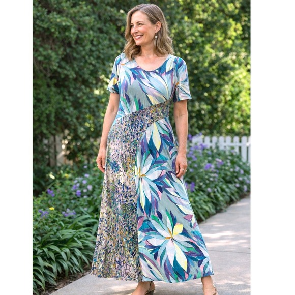 Soft Surroundings Dresses & Skirts - Soft Surroundings Mixed Print Floral Maxi Dress Petite Large Blue Green Resort